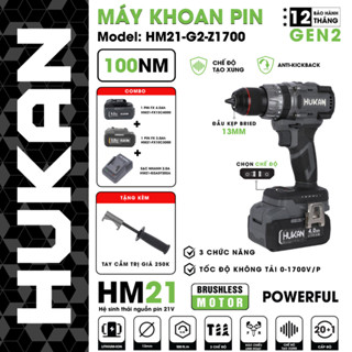 Máy khoan pin HUKAN HM21-G2-Z1700, Lực siết 100Nm, Có ANTI-KICKBACK - Tạo Xung