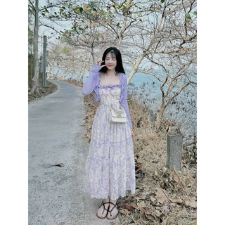 Đầm lụa in họa khoác thun gân thời trang nữ nhẹ nhàng dễ thương đầm 2 dây khoác ngoài tay dài váy xòe