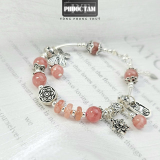 Vòng Tay Đá Đào Hoa Mix Ngũ Điếu Kèm Charm Bạc Phước Tâm, Vòng Phong Thủy Mang Năng Lượng Tích Cực, May Mắn, Tài Lộc