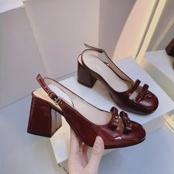 Giày cao gót nữ phối 2 nơ gót loe 7cm thời trang mã H87
