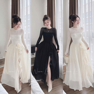 Đầm maxi ren phối voan xẻ tà đi biển phong cách tiểu thư sang trọng dễ thương đáng yêu đầm ren nữ đi biển