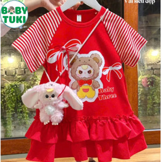 Váy baby three cho bé gái sắc đỏ, váy bé gái gấu dâu hot hit size nhí đại