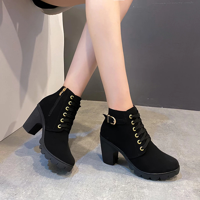 Giày Boots Da Lộn Cao 7cm Nữ, Dây Kéo Thời Trang, Giày Cao Gót Nữ, 4 Màu Sắc