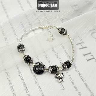 Vòng Tay Túi Tiền Tóc Đen Mix Charm Bạc Phước Tâm, Vòng Tay Đá Phong Thủy, Mang Năng Lượng Tích Cực, May Mắn