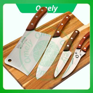 Bộ dao nhật seki 4 món chặt, thái, gọt, kéo thép không gỉ cán gỗ - BH 12 tháng
