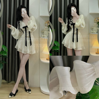 [ ẢNH THẬT BY HTA ] Váy cổ chữ V tay bồng đính nơ ngực chân xoè vải tơ óng