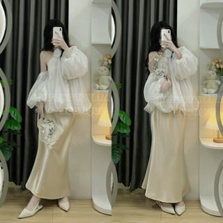 [ ẢNH THẬT BY HTA ] Áo trễ vai cổ yếm tay bồng bự form bí phồng phối hoa voan