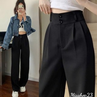 Quần vải ống rộng nữ lưng cao 2 khuy dáng suông dài chất vải mềm màu đen trơn Quần ống suông cạp cao gen bụng khóa trước