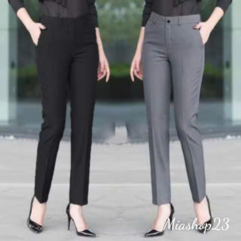 Quần tây nữ công sở lưng cao ống đứng dáng dài màu đen vải mềm Quần vải baggy nữ cạp cao bigsize mặc