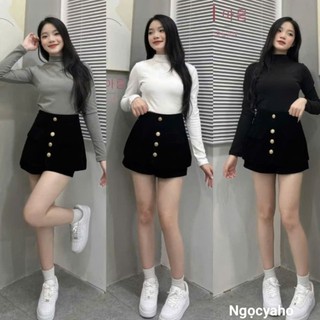  Quần đùi nhung giả váy 4 cúc cạp cao chun sau mặc ở nhà đi chơi diện tết Quần short nhung nữ lưng cao màu đen tôn dáng 