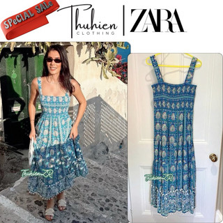 (Chính hãng size S)Váy maxi ZARA 5598/241/400 xanh dương hoạ tiết viền ren tùng váy(kèm ảnh thật)