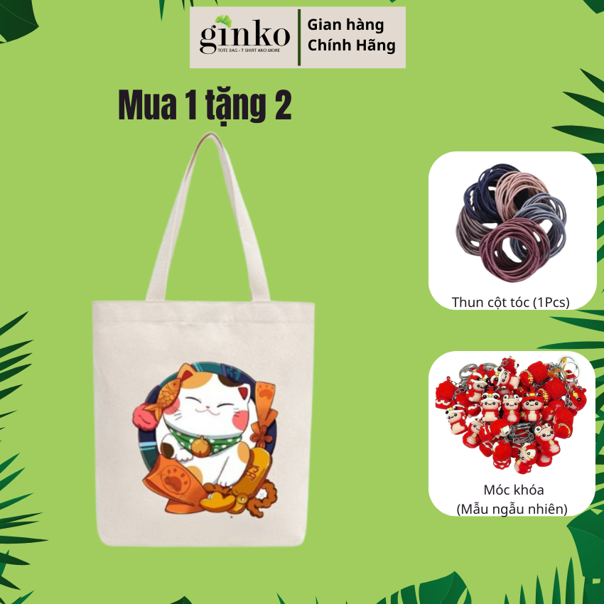 Túi Tote GINKO Vải Canvas  có dây kéo khóa (có túi con ) In Hình Mèo Thần Tài Cute -GK20