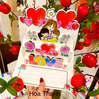 (Khổ to A4) Thiệp tô màu dựng 3D LOVE MOM tặng bà tặng mẹ tặng cô 8/3 20/10 20/11