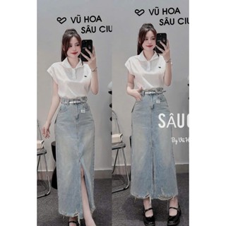 Set đồ nữ áo thun trắng kèm chân váy jeans qc xẻ tà trước trẻ trung năng động phù hợp đi làm đi chơi D787