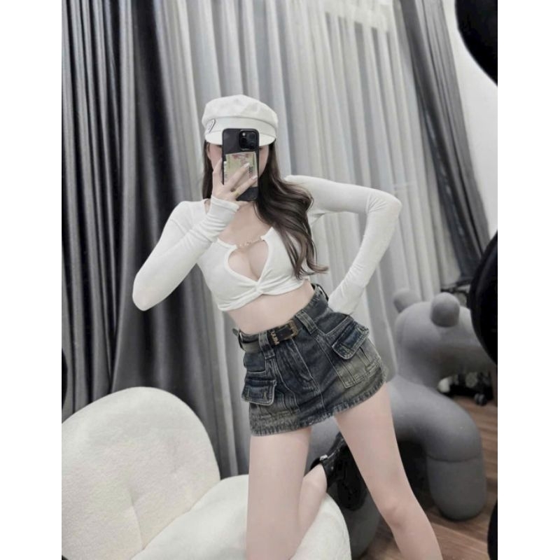 Chân váy jean 2 túi hộp trước màu loang có túi sau hàng chuẩn form loại 1 vnxk