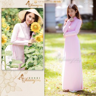 Áo dài truyền thống lụa tằm hồng phấn 4 tà Chaang May sẵn ADC592 cổ sen cao tôn dáng chụp hình tết đẹp