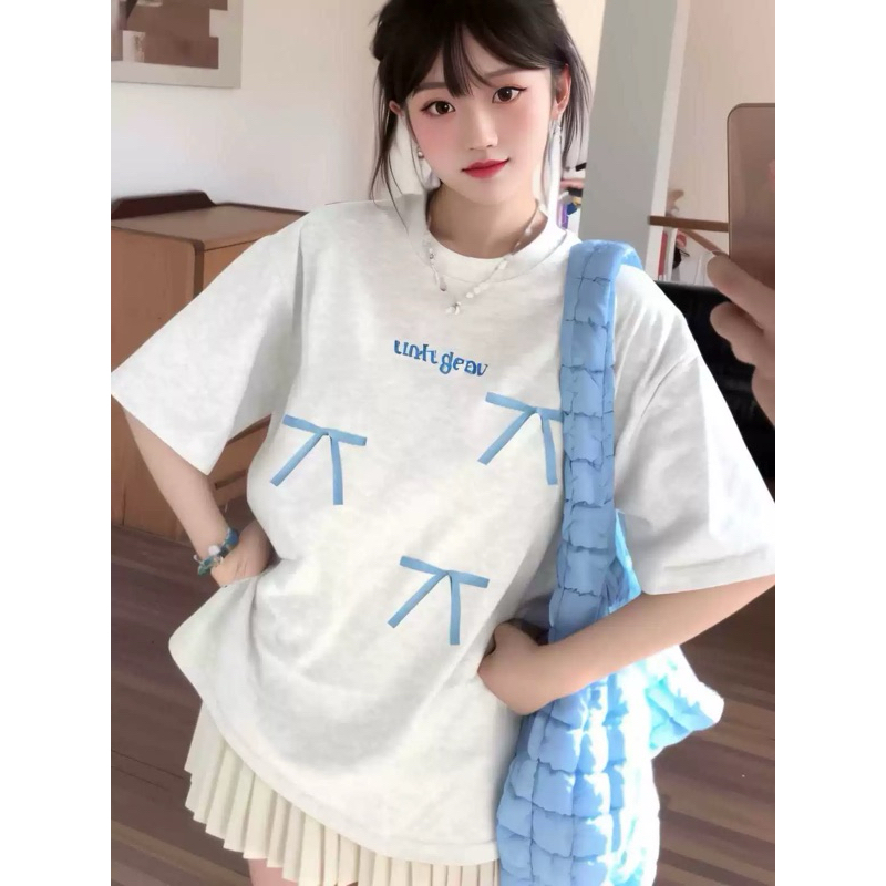 Áo thun nữ , áo phông nữ form rộng chất cotton in hình nơ xanh | BigBuy360 - bigbuy360.vn