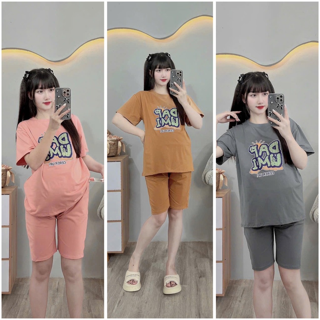 (Quần Áo Bầu) Bộ bầu cộc tay quần đùi cotton in chữ xanh - B023