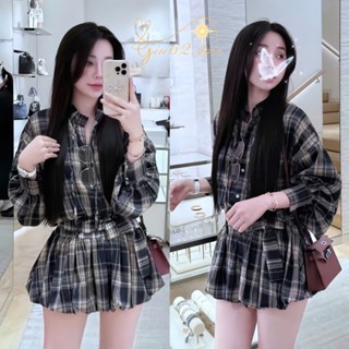 Set Váy nữ - Áo Sơ Mi Kẻ Caro Tay Phồng Có Dây Đai Mix Kèm Chân Váy Bồng , Tôn Dáng Có Quần Bảo Hộ G186