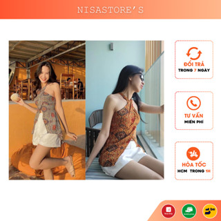 Áo thổ cẩm cổ yếm lệch tà chất liệu lụa Hawaii xịn xò phù hợp cho nàng đi biển hay dạo phố