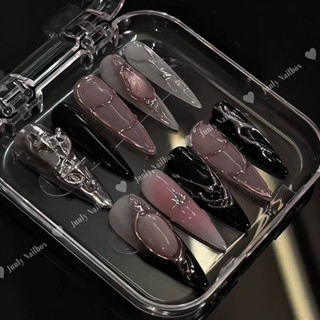 Nailbox thạch mắt mèo hồng JUNLY - nail box thiết kế móng giả tráng gương ombre đen đính đá cá tính 492