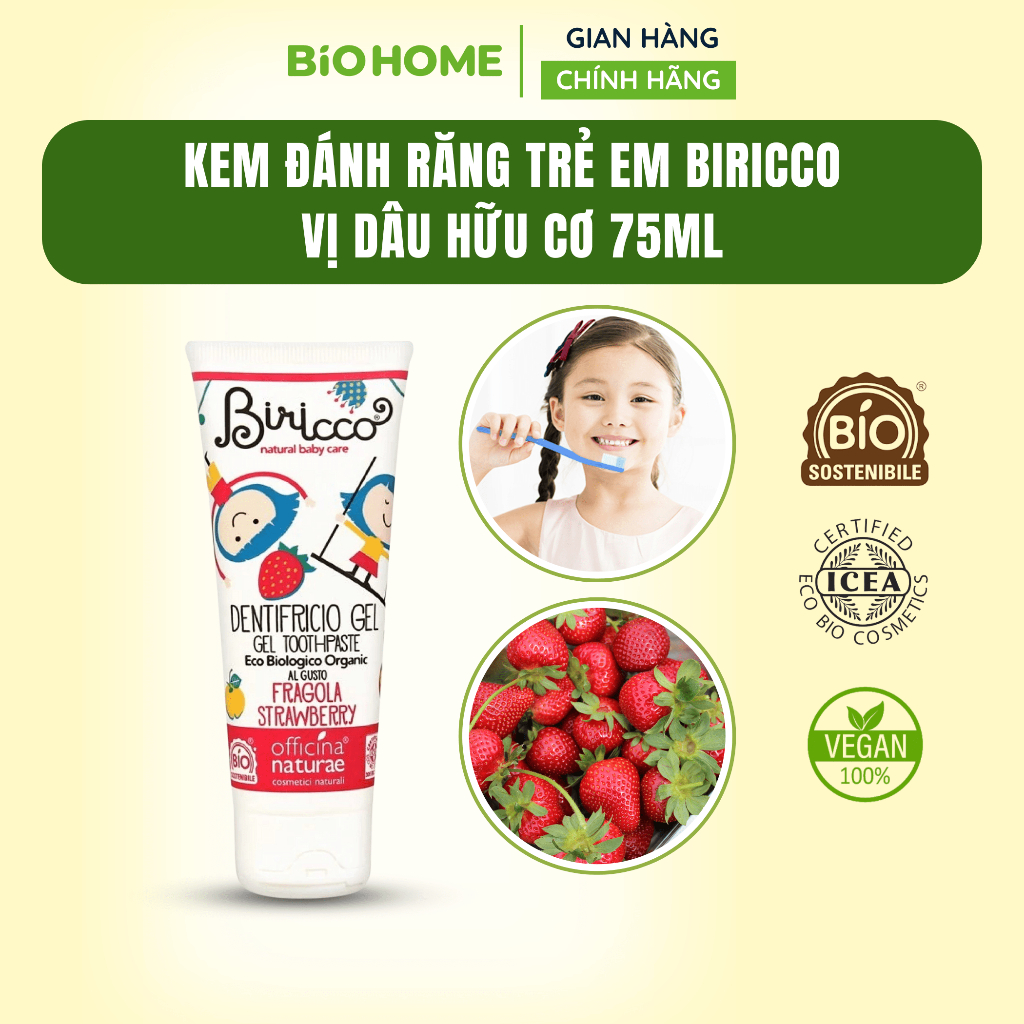 Kem đánh răng hữu cơ cho bé vị dâu Biricco - 75ml