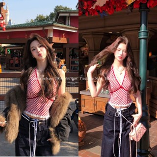 (SẴN) Áo yếm kẻ caro màu đỏ trắng viền ren nữ tính thời trang nữ ASN011- Titkik