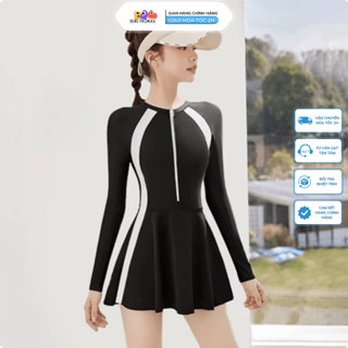 Váy bơi nữ tay dài Bikini liền thân cao cấp chống nắng Đầm bơi màu đen kín đáo YouYou - Yuri Sports