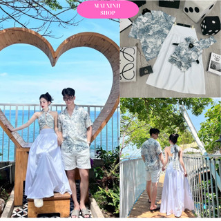 Set đồ nam nữ - Váy đi biển cổ yếm thắt nơ phối với áo sơ mi nam chất Lụa mềm mát cho các cặp đôi đi du lịch A107