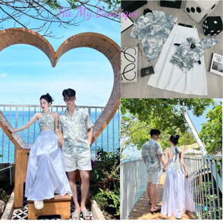 Set đồ nam nữ - Váy đi biển cổ yếm thắt nơ phối với áo sơ mi nam chất Lụa mềm mát cho các cặp đôi đi du lịch A107
