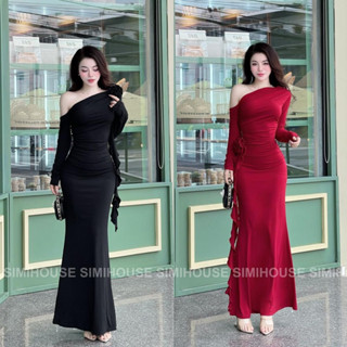 VÁY BODY LADONG LỆCH VAI HOA RỦ / Đầm body thiết kế tay dài nhún eo vai hoa sang trọng Dress Women  Voi