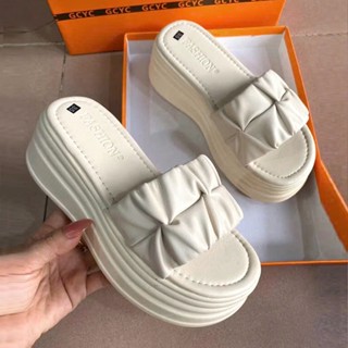  Dép Lê Nữ Quai Ngang Nhún Chun Da Mềm Đế Độn 7cm Tăng Chiều Cao 