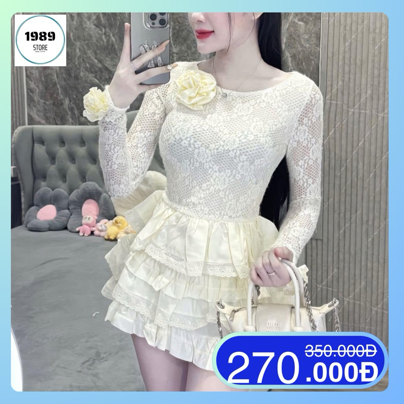 Váy ren tầng tay dài hoa cổ kho sỉ 1989 store đỏ kem sang chảnh đi tiệc đi chơi