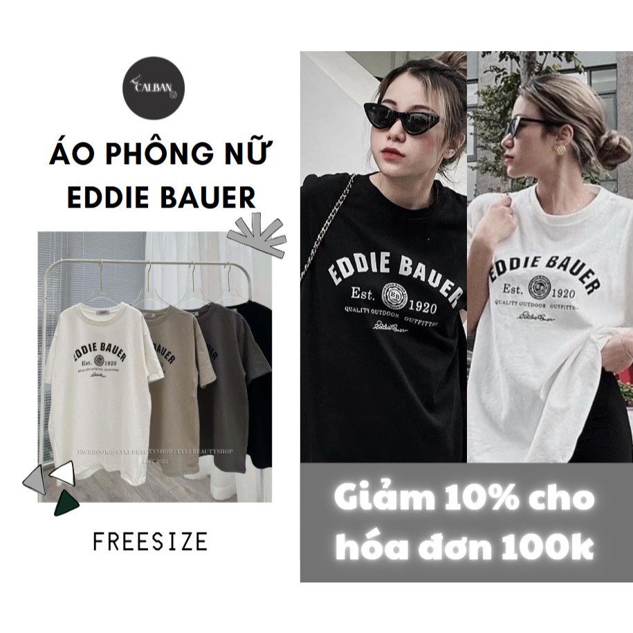 Áo phông nữ cộc tay basic CALBAN mùa hè in chữ EDDIE BAUER cho nữ form rộng