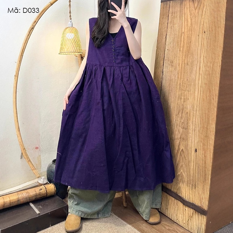 Đầm liền linen sát nách KAMAKA cổ V khuy cài - D033