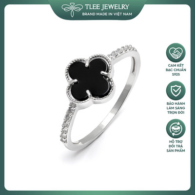 Nhẫn bạc nữ TLEE cỏ bốn lá đá đen thu hút may mắn điểm đá thân viền TLEEJEWELRY