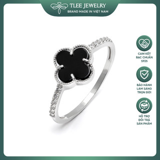  Nhẫn bạc nữ TLEE cỏ bốn lá đá đen thu hút may mắn điểm đá thân viền TLEEJEWELRY 