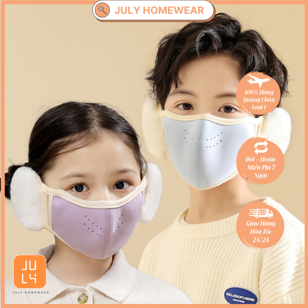 Khẩu trang 3D giữ ấm cho trẻ em JULY HOMEWEAR, khẩu trang vải có bịt tai bông thoáng khí cho mùa đôn