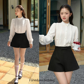 Áo sơ mi nữ kiểu tiểu thư trắng ASM12 cổ tàu dài tay cách điệu viền ren mịn mát  công sở Firstdateclothing