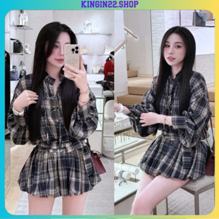 Váy nữ - Áo sơ mi kẻ dài tay caro kèm đai mix với chân váy bo gấu năng động cá tính kingin G186