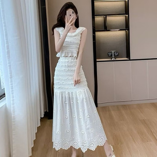 (Order) Set áo hai dây có chun khâu ren rỗng + chân váy dáng A màu trắng đi biển