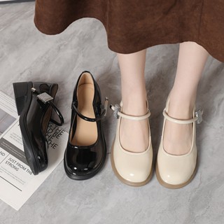  Giày Búp Bê Nữ Lolita Đế Vuông 5cm Da Bóng Tôn Dáng Xinh Đẹp TinTin 