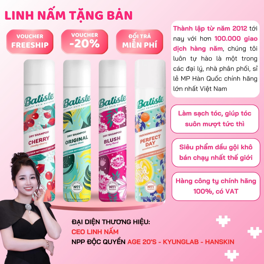 Batiste dầu gội khô 200ml chính hãng có VAT, Dầu gội khô Batiste làm sạch và suôn mượt tóc tức thì