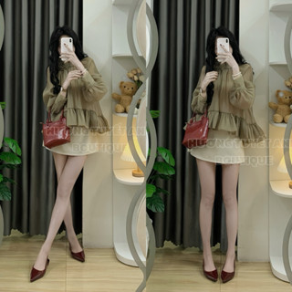 [ ẢNH THẬT BY HTA ] Set 3 món áo tơ chân viền bèo babydoll hoa cổ kèm áo 2 dây mix chân váy A ngắn