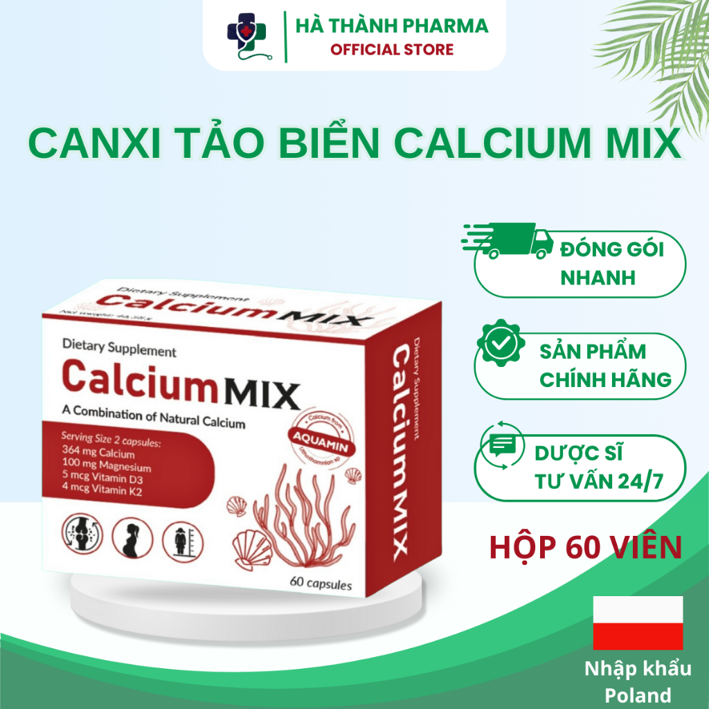 Canxi hữu cơ tảo biển đỏ Calcium MIX , Canxi cho bà bầu bổ sung Canxi, Magie, Vitamin D3+K2 (Hộp 60v