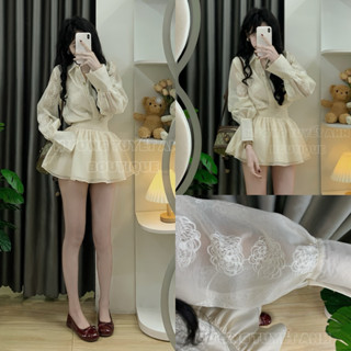 [ ẢNH THẬT BY HTA ] Set áo váy nữ , Set áo sơ mi tơ thêu hoa mix chân váy xoè cạp cao phong cách Nertro Hàn
