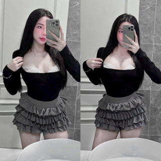 HÀNG SẴN HOẢ TỐC Set Bộ Áo Thun U Phối Ren Tay Dài Croptop + Chân Váy Xám Tầng Có Lót Quần Chất Tăm Lạnh