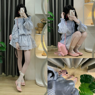 [ ẢNH THẬT BY HTA ] Set trễ vai tay dài kẻ nơ tay bồng mix chân váy chun eo cạp cao form xoè