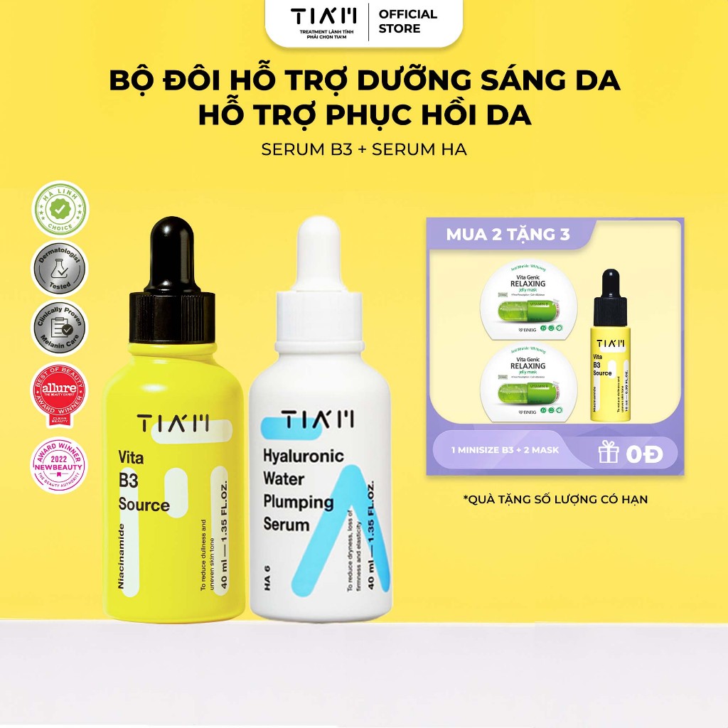 Bộ Đôi Dưỡng Sáng Da, Cấp Nước, Phục Hồi Đa Tầng Serum Niacinamide 10%, Serum Tia'm Hyaluronic Water Plumping 40ml