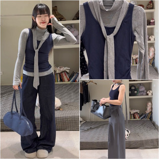  @Tiemvaixinh Set Áo Thun Dài Tay Kèm Dây Choker Mix Áo Ba Lỗ Chiết Eo 